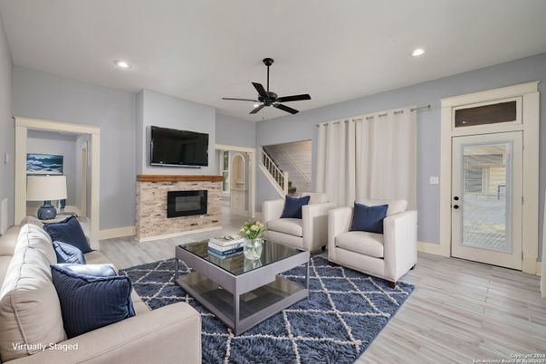 Fireplace, Interior, Living room, Recessed Lighting, Wood Texture Flooring