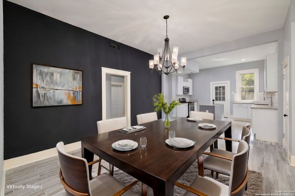Chandelier, Dining room, Interior, Recessed Lighting, Wood Texture Flooring