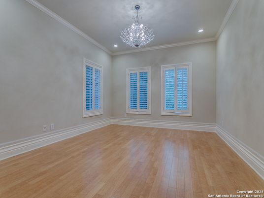 Chandelier, Empty room, Interior, Recessed Lighting, Wood Texture Flooring