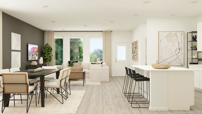 Dining room, Interior, Living room, Recessed Lighting, Wood Texture Flooring