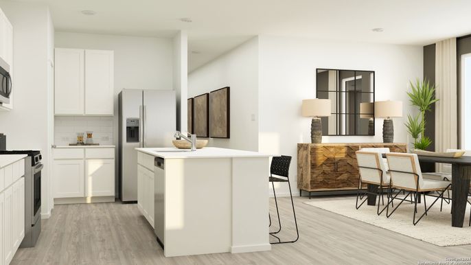 Dining room, Interior, Kitchen, Recessed Lighting, Wood Texture Flooring