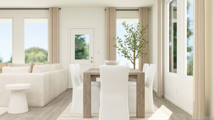 Dining room, Interior, Living room, Recessed Lighting, Wood Texture Flooring