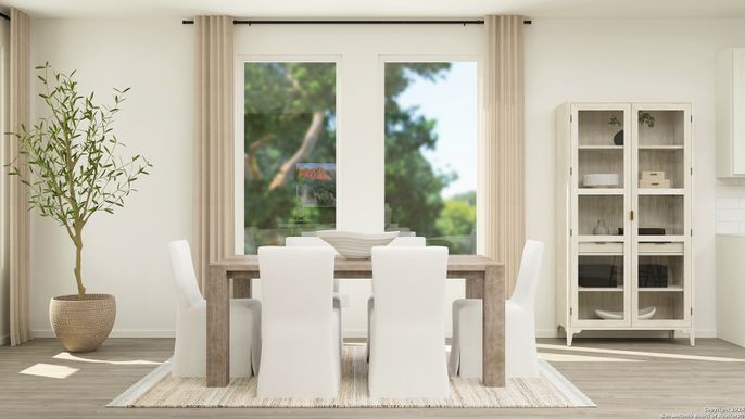 Dining room, Interior, Recessed Lighting, Wood Texture Flooring