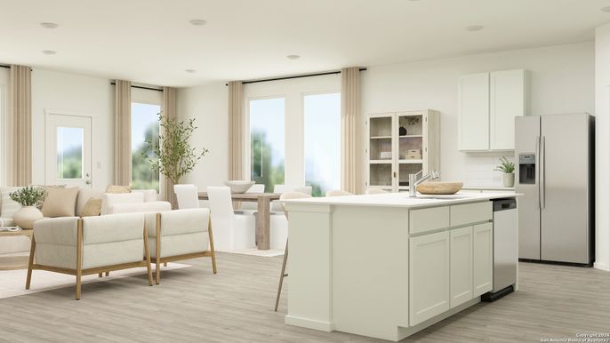 Dining room, Interior, Kitchen, Recessed Lighting, Stainless Steel Appliances, Wood Texture Flooring