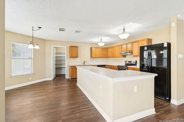 Interior, Kitchen, Pendant Lights, Wood Texture Flooring