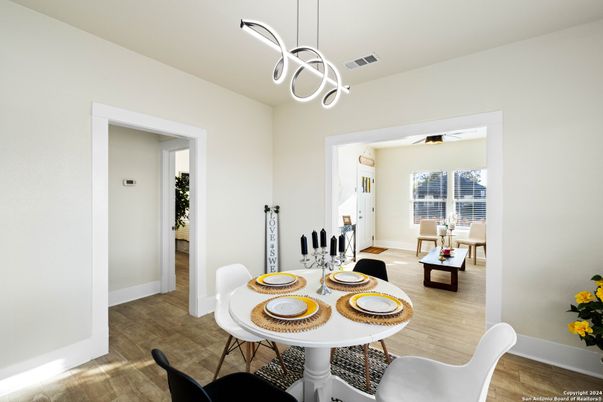 Dining room, Interior, Pendant Lights, Wood Texture Flooring
