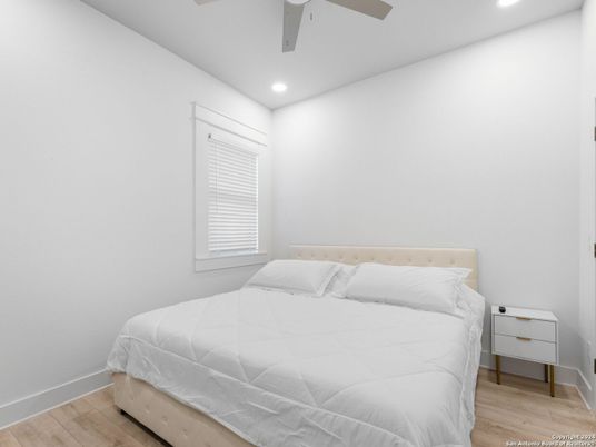 Bedroom, Interior, Recessed Lighting, Wood Texture Flooring