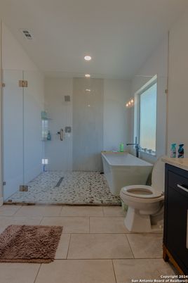 Bathroom, Free Standing Baths, Glass Shower, Interior, Recessed Lighting