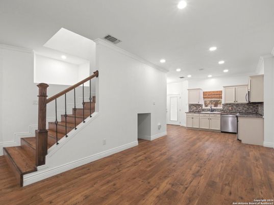 Interior, Kitchen, Recessed Lighting, Stainless Steel Appliances, Wood Texture Flooring