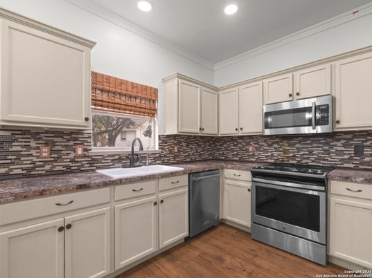 Interior, Kitchen, Recessed Lighting, Stainless Steel Appliances, Wood Texture Flooring