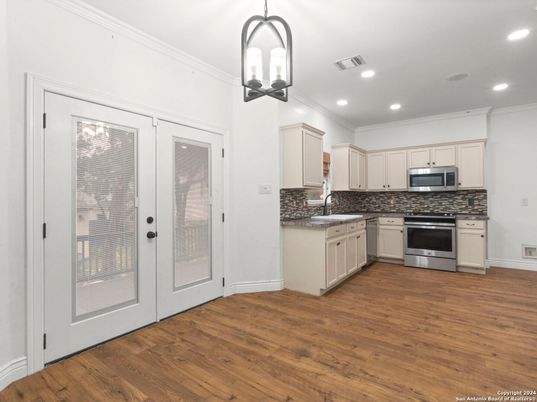Interior, Kitchen, Pendant Lights, Recessed Lighting, Stainless Steel Appliances, Wood Texture Flooring