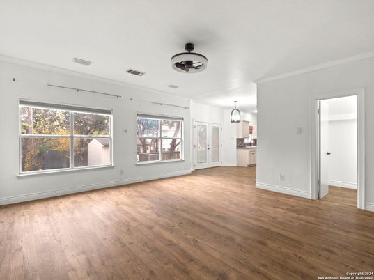 Empty room, Interior, Pendant Lights, Wood Texture Flooring