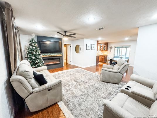 Fireplace, Interior, Living room, Recessed Lighting, Wood Texture Flooring