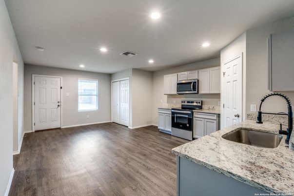Interior, Kitchen, Recessed Lighting, Stainless Steel Appliances, Wood Texture Flooring