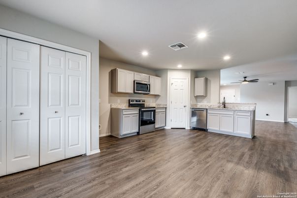 Interior, Kitchen, Recessed Lighting, Stainless Steel Appliances, Wood Texture Flooring