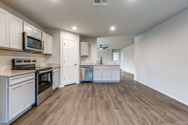 Interior, Kitchen, Recessed Lighting, Wood Texture Flooring