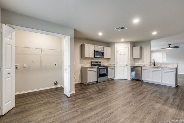 Interior, Kitchen, Recessed Lighting, Stainless Steel Appliances, Wood Texture Flooring