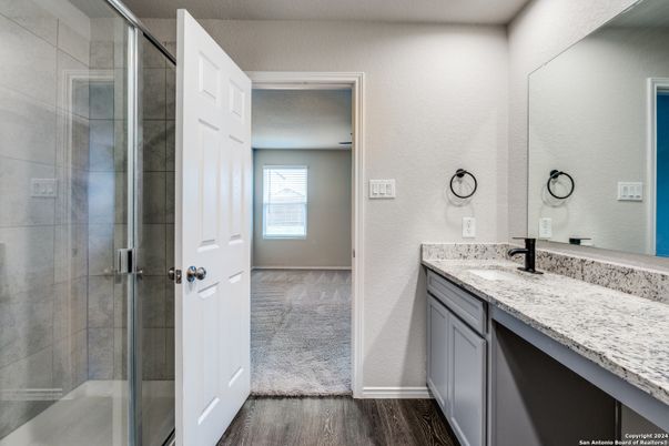 Bathroom, Glass Shower, Interior, Wood Texture Flooring