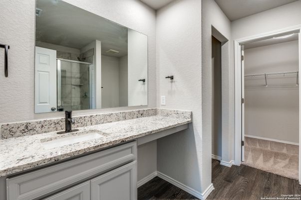 Bathroom, Glass Shower, Interior, Walk-in Closets, Wood Texture Flooring