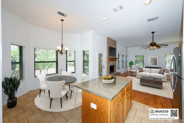 Dining room, Fireplace, Interior, Kitchen, Living room, Pendant Lights, Recessed Lighting, Wood Texture Flooring