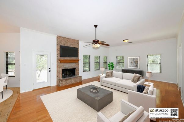 Fireplace, Interior, Living room, Stone Walls, Wood Texture Flooring