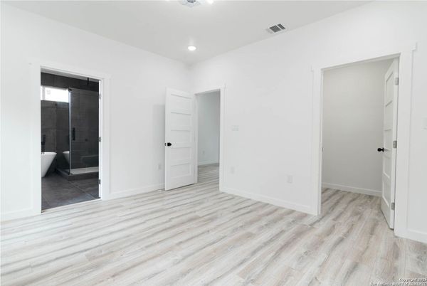 Bathroom, Empty room, Glass Shower, Interior, Recessed Lighting, Wood Texture Flooring