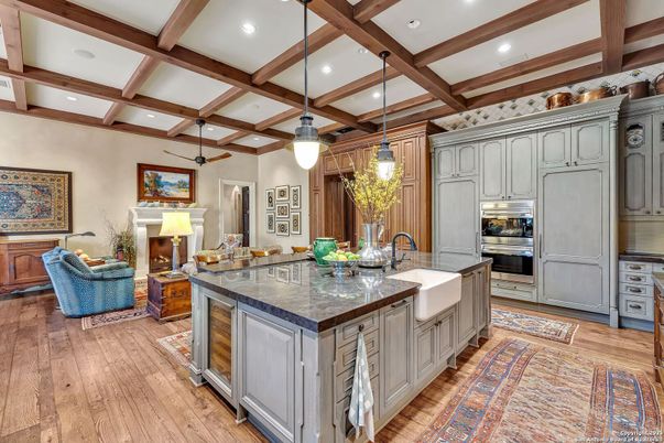 Interior, Kitchen, Pendant Lights, Recessed Lighting, Stainless Steel Appliances, Wooden Beams, Wood Texture Flooring