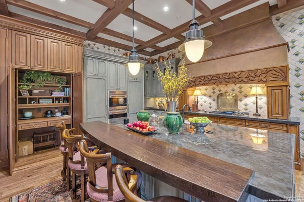 Interior, Kitchen, Pendant Lights, Recessed Lighting, Stainless Steel Appliances, Wooden Beams, Wood Texture Flooring