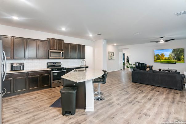 Interior, Kitchen, Living room, Recessed Lighting, Stainless Steel Appliances, Wood Texture Flooring