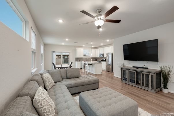 Dining room, Interior, Kitchen, Living room, Pendant Lights, Recessed Lighting, Stainless Steel Appliances, Wood Texture Flooring