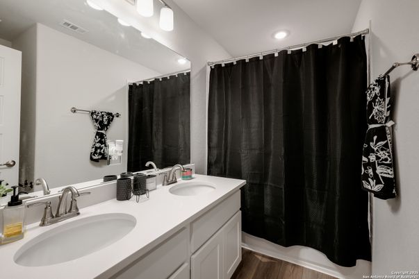 Bathroom, Dual Sink Vanities, Interior, Recessed Lighting, Wood Texture Flooring