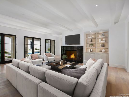 Fireplace, Interior, Living room, Recessed Lighting, Wood Texture Flooring