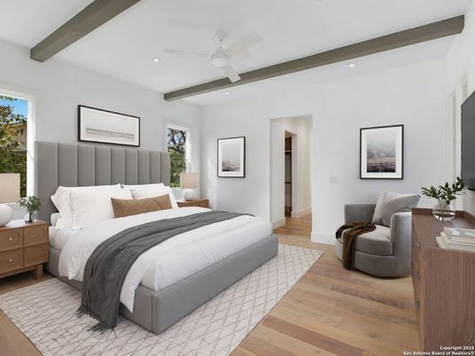 Bedroom, Interior, Recessed Lighting, Wooden Beams, Wood Texture Flooring