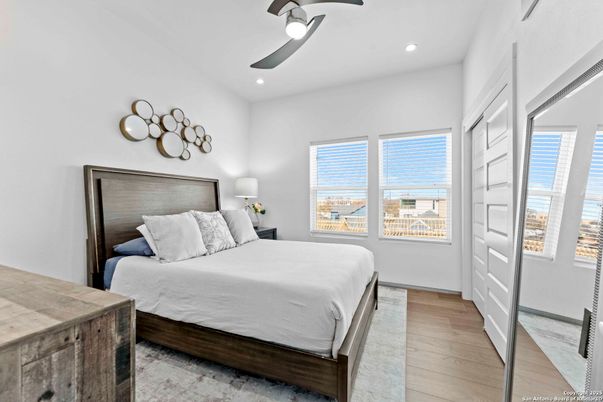 Bedroom, Interior, Recessed Lighting, Wood Texture Flooring