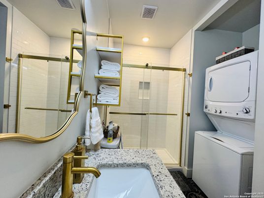 Bathroom, Glass Shower, Interior, Recessed Lighting, Utility Closets, Washer