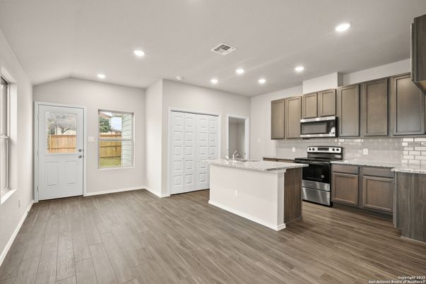 Interior, Kitchen, Recessed Lighting, Stainless Steel Appliances, Wood Texture Flooring