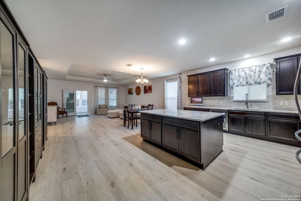 Chandelier, Dining room, Interior, Kitchen, Recessed Lighting, Wood Texture Flooring