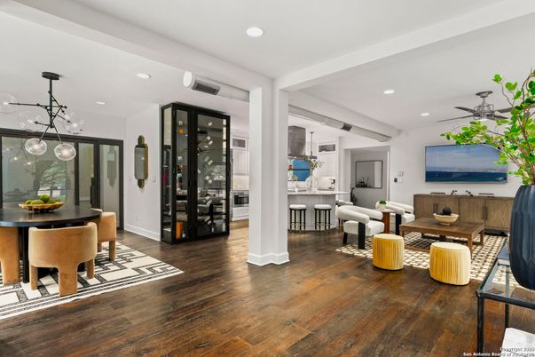 Dining room, Interior, Pendant Lights, Recessed Lighting, Wood Texture Flooring