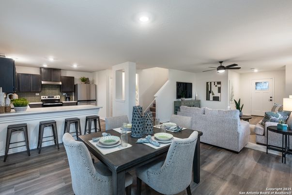 Dining room, Interior, Kitchen, Living room, Recessed Lighting, Stainless Steel Appliances, Wood Texture Flooring