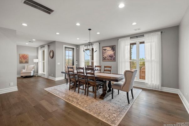 Dining room, Interior, Pendant Lights, Recessed Lighting, Wood Texture Flooring