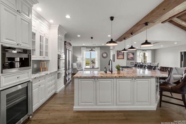 Interior, Kitchen, Pendant Lights, Recessed Lighting, Stainless Steel Appliances, Wooden Beams, Wood Texture Flooring