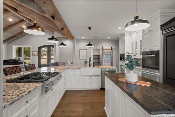 Interior, Kitchen, Pendant Lights, Recessed Lighting, Stainless Steel Appliances, Wooden Beams, Wooden Ceilings, Wood Texture Flooring