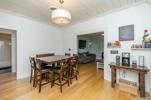 Dining room, Interior, Pendant Lights, Wood Texture Flooring