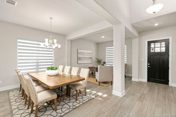 Chandelier, Dining room, Interior, Pendant Lights, Recessed Lighting, Wood Texture Flooring