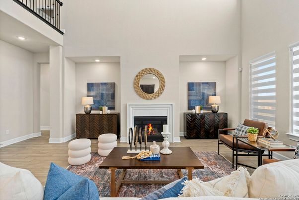 Fireplace, Interior, Living room, Recessed Lighting, Wood Texture Flooring