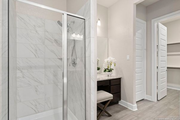 Bathroom, Glass Shower, Interior, Marble Walls, Wood Texture Flooring