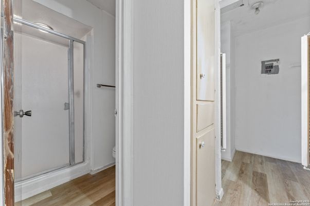 Bathroom, Glass Shower, Interior, Wood Texture Flooring