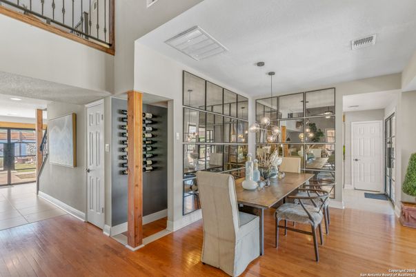 Dining room, Interior, Pendant Lights, Wood Texture Flooring