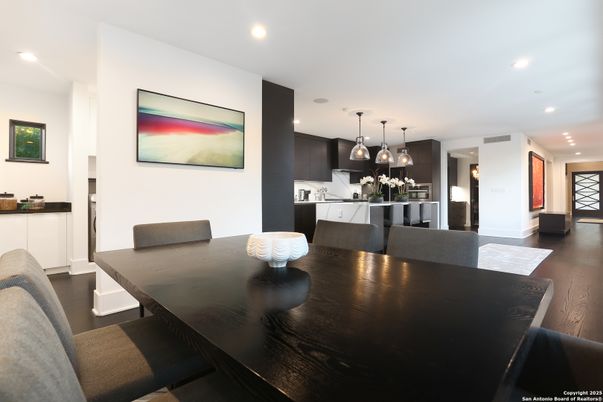 Dining room, Interior, Kitchen, Pendant Lights, Recessed Lighting, Wood Texture Flooring