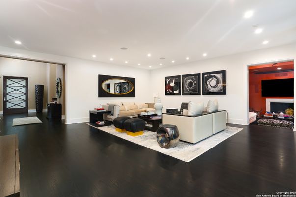 Fireplace, Interior, Living room, Recessed Lighting, Wood Texture Flooring